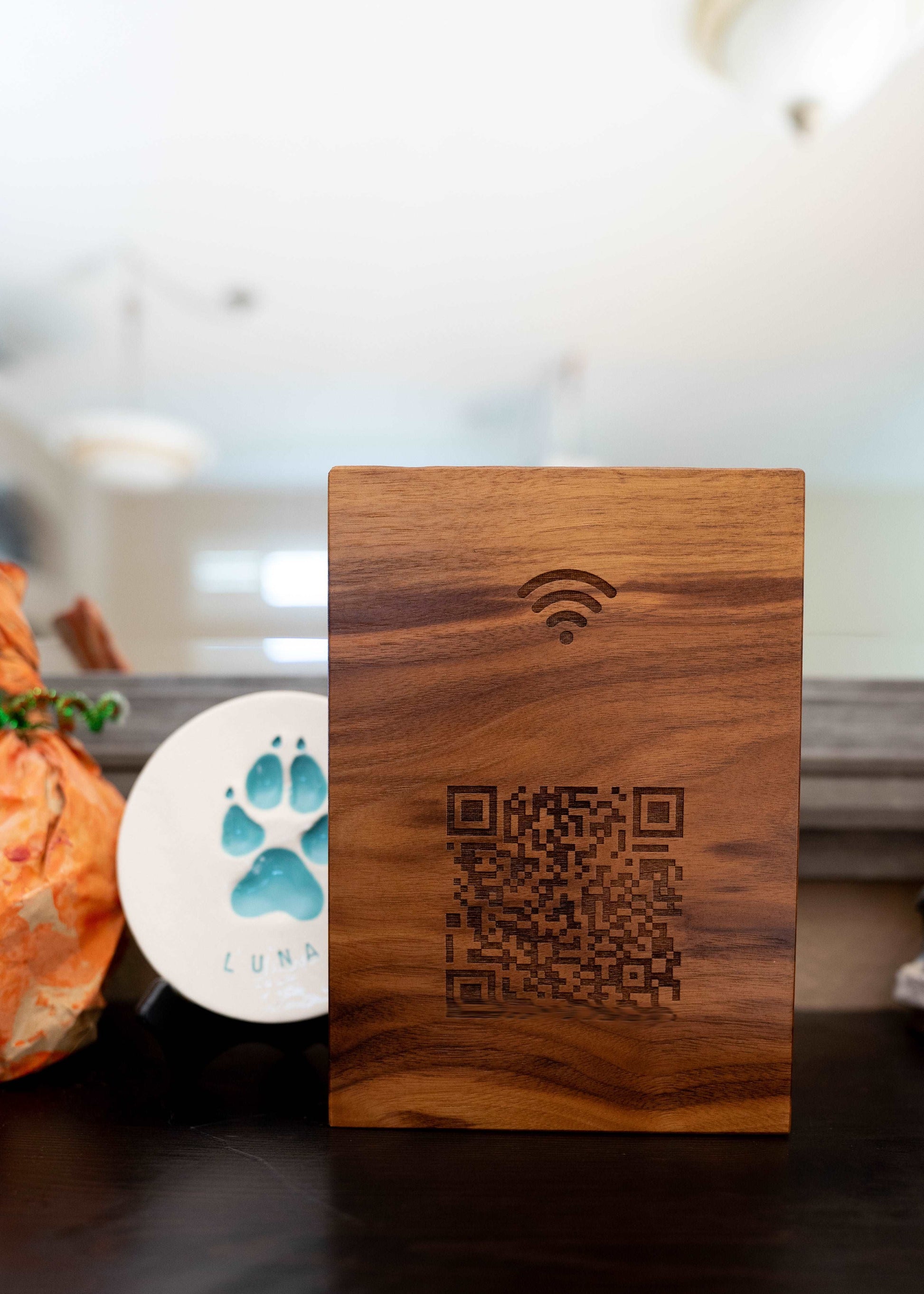 personalized WIFI QR code sign - engraved on black walnut!