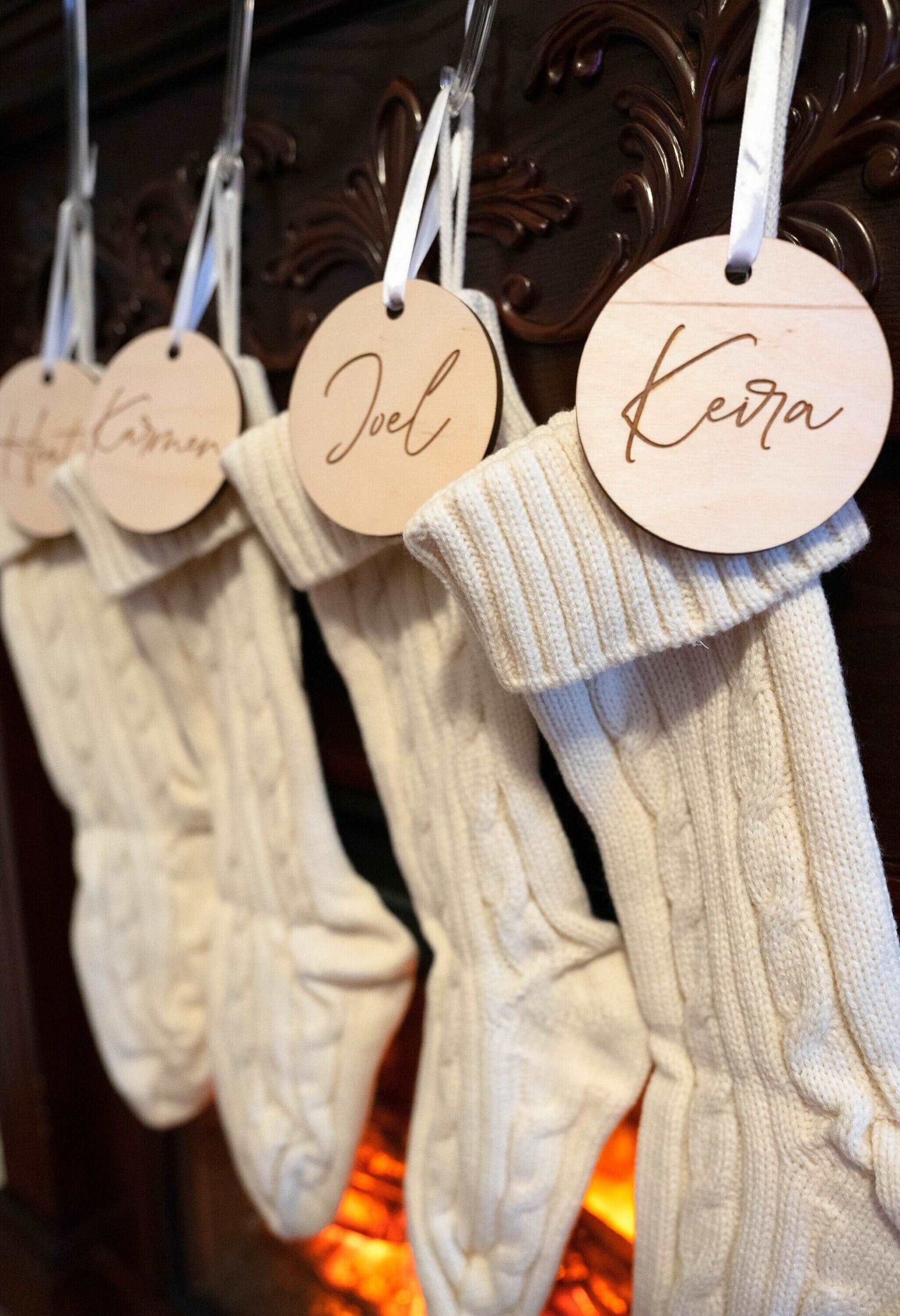 personalized name circle wood stocking tag